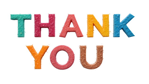 Fun, colorful paper letters that create the words "Thank You," placed on a white surface and in a transparent PNG style.