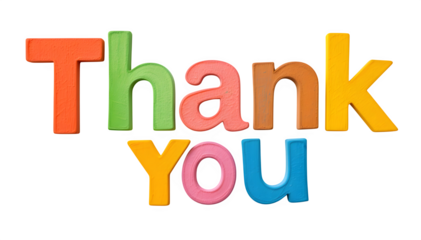 Fun, colorful paper letters that create the words "Thank You," placed on a white surface and in a transparent PNG style.