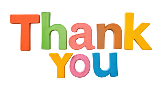 Fun, colorful paper letters that create the words "Thank You," placed on a white surface and in a transparent PNG style.
