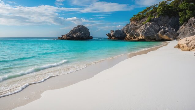 Tropical beach with turquoise water, white sand, and rocky formations under a blue sky with scattered clouds.