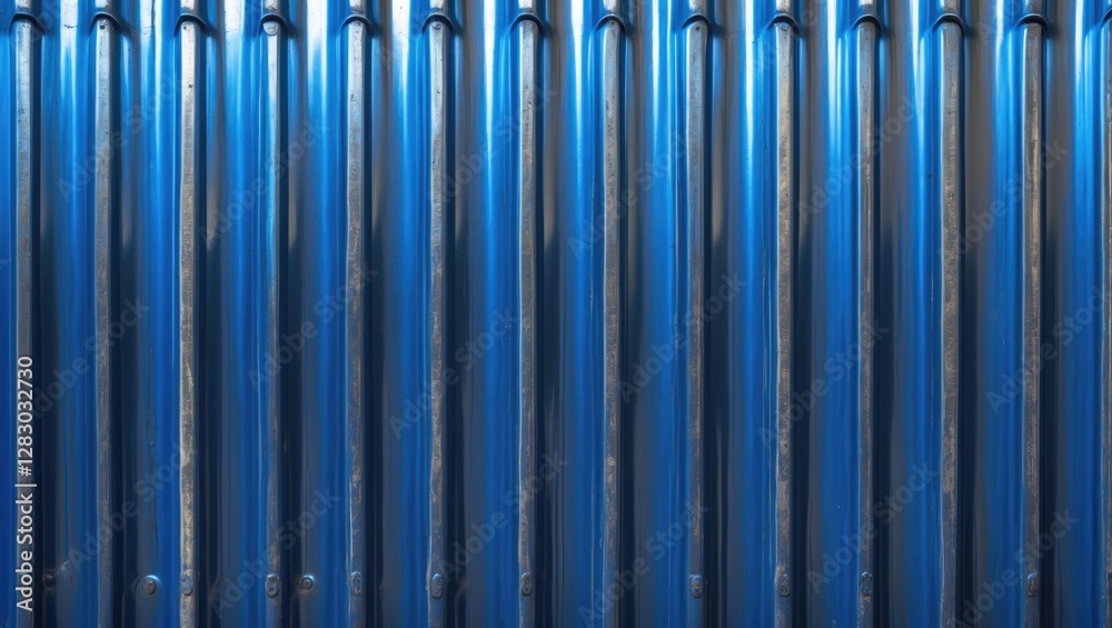 Poster blue metallic pipes arranged vertically creating a textured background with reflections and shadows 