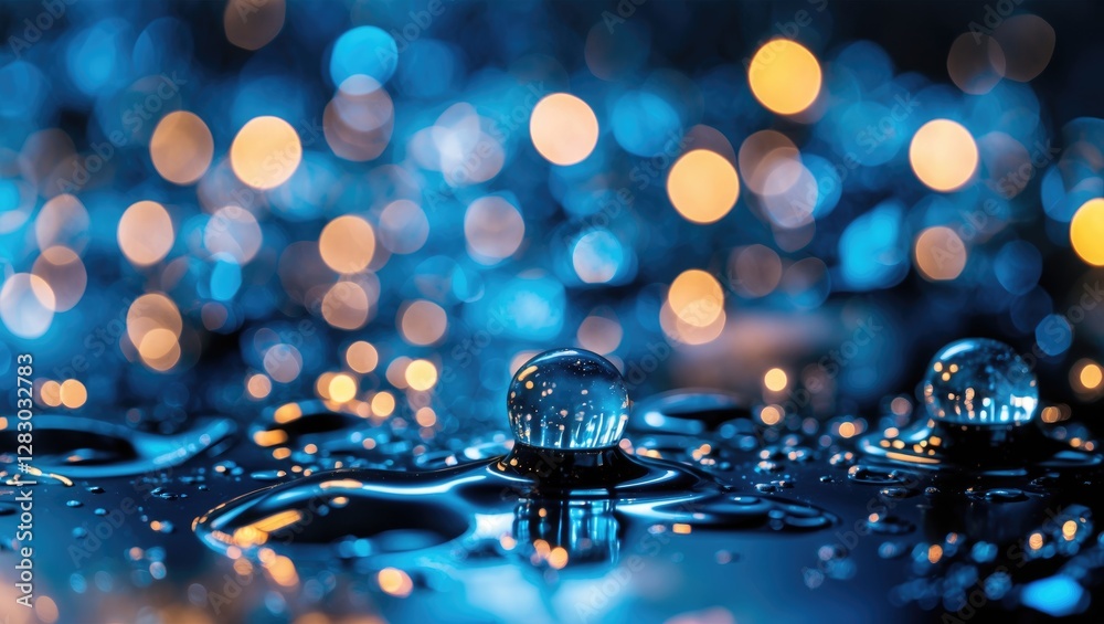 Wall mural abstract aquatic droplets with shimmering reflections and soft bokeh background lighting in blue and