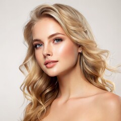 Naklejka premium Portrait of beautiful young blonde woman with clean fresh skin. Studio shot. Beautiful woman with wavy blonde hair