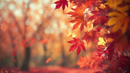 Colorful autumn leaves in a forest setting with blurred background highlighting fall foliage in orange and yellow hues