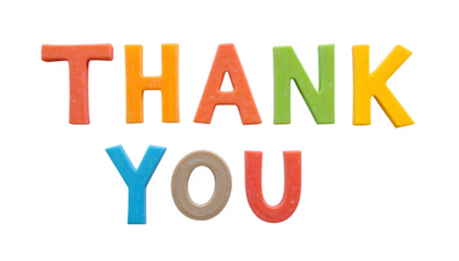 Fun, colorful paper letters that create the words "Thank You," placed on a white surface and in a transparent PNG style.