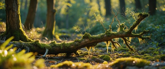 Moss covered fallen tree branch in sunlit forest environment with blurred background and natural greenery