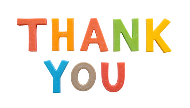 Fun, colorful paper letters that create the words "Thank You," placed on a white surface and in a transparent PNG style. - Powered by Adobe