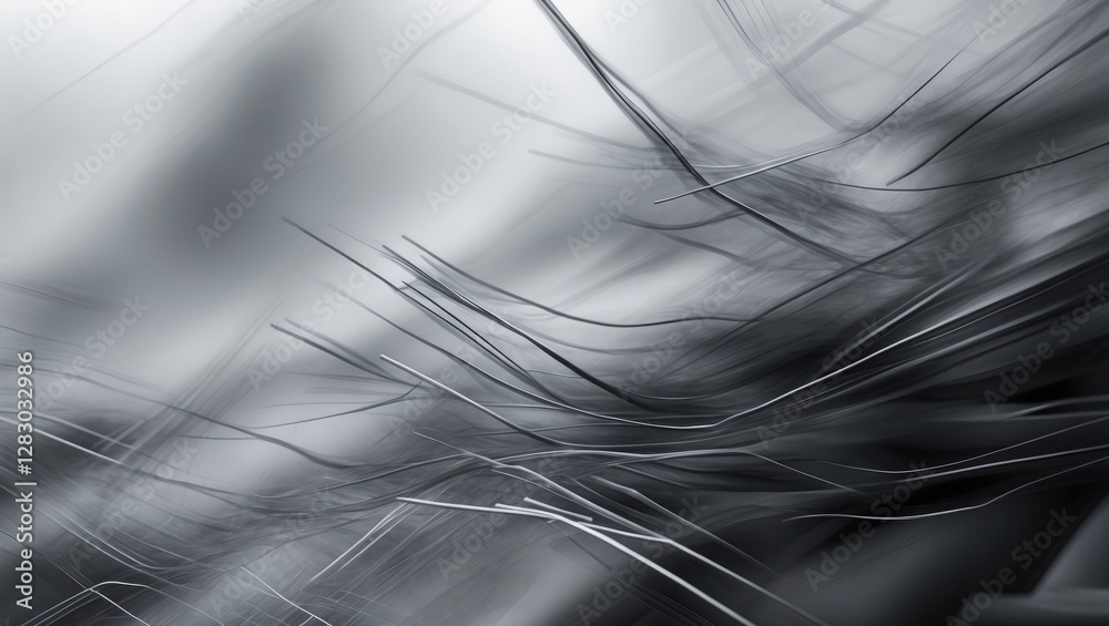 Poster Abstract monochrome image with dynamic lines and shapes creating a sense of motion and texture in a blurred background.