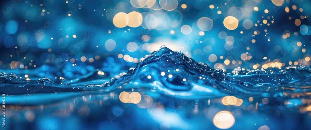 Poster close-up of blue water surface with ripples and sparkling bokeh effect in background creating a dyna