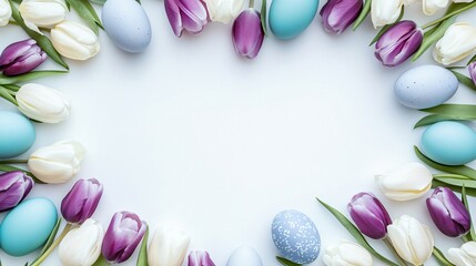 An intricately designed circular border of white and purple tulips intertwined with robin&rsquo;s egg blue Easter eggs, isolated on a clean white background
