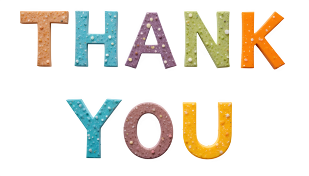 Fun, colorful paper letters that create the words "Thank You," placed on a white surface and in a transparent PNG style. - Powered by Adobe