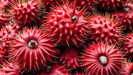 Close-up of vibrant red spiky seed pods with dark seeds on a blurred natural background