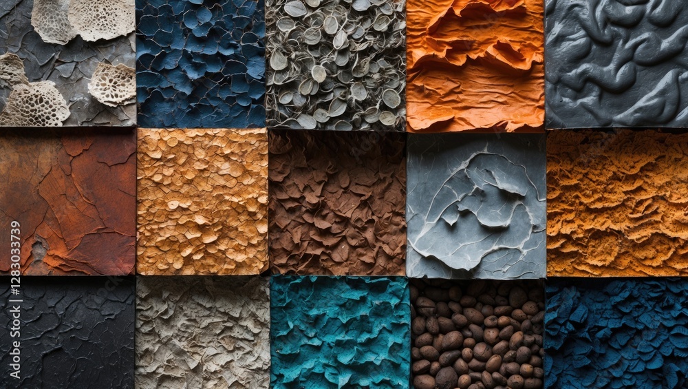 Poster collection of textured surfaces including abstract patterns in various colors and materials arranged