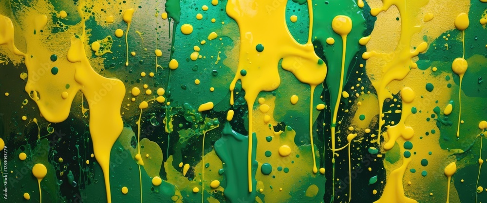 Poster colorful abstract paint splatter in yellow and green tones on a textured surface creating dynamic vi