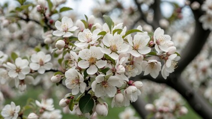 Cherry blossom flowers in full bloom on a tree branch with soft focus background in spring season