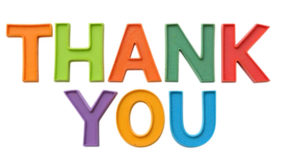 Fun, colorful paper letters that create the words "Thank You," placed on a white surface and in a transparent PNG style.