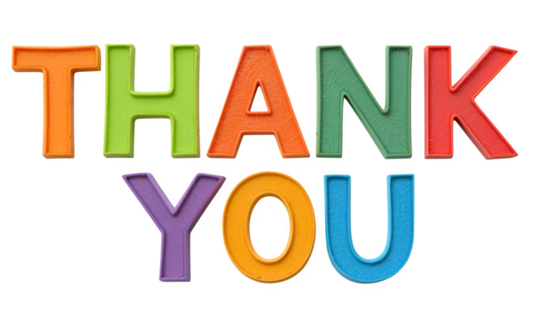 Fun, colorful paper letters that create the words "Thank You," placed on a white surface and in a transparent PNG style. - Powered by Adobe
