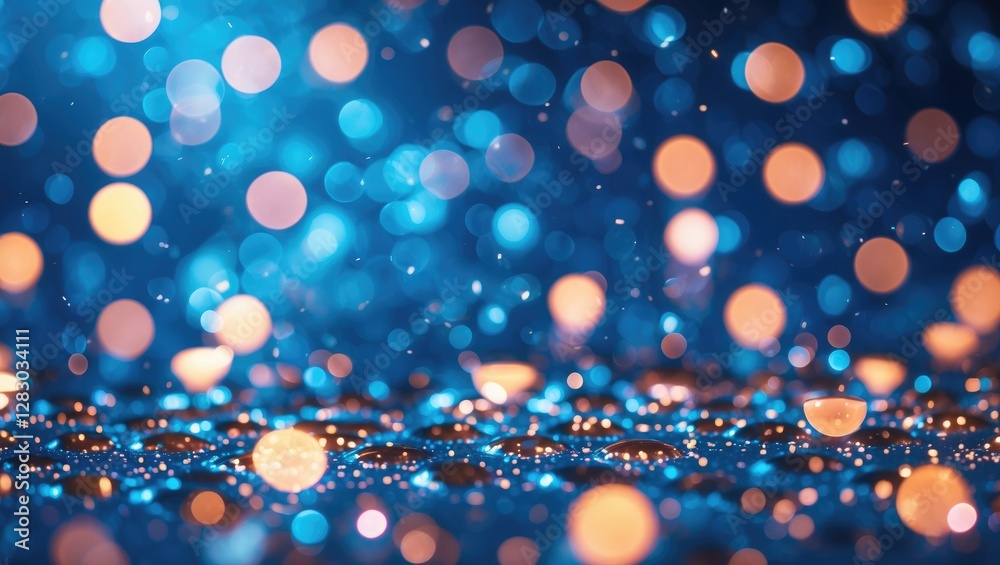 Poster colorful abstract background with blue bokeh lights and glimmering droplets on a surface creating a 