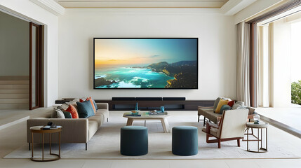 Modern Living Room Interior With Beige Sofa And Large Television Screen Displaying Cityscape View