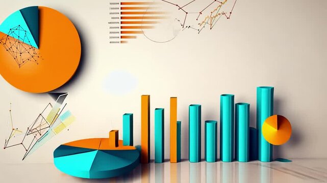 Data Visualization: An eye-level perspective presents a vibrant array of statistical graphics, including bar charts, pie charts, and line graphs.