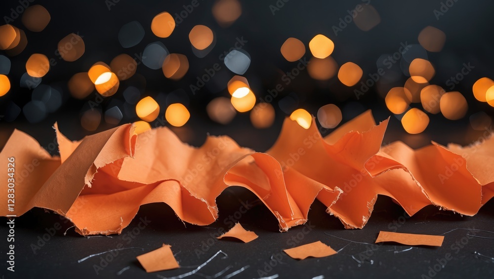Fototapete orange torn paper on a black background with vibrant bokeh lights, creating a festive and artistic a
