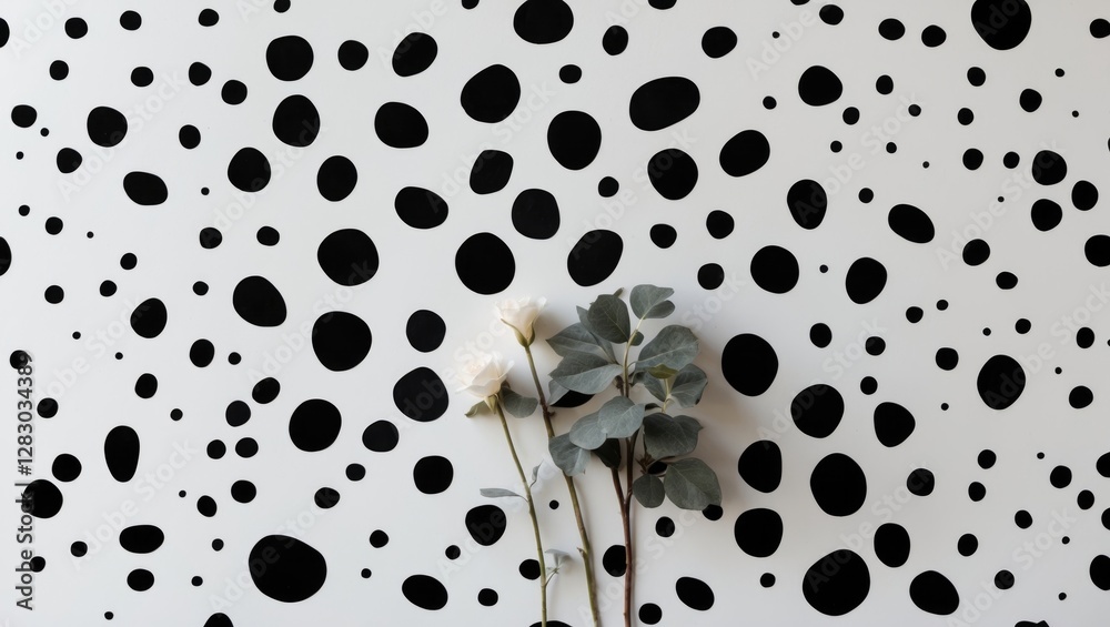 Poster abstract black spots pattern on white background with delicate flowers and foliage for a modern arti