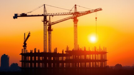 Obraz premium Cranes working the ocean for energy industrial concept. Offshore Floating Energy Station Under Construction During Sunset Silhouetted Against Skyline
