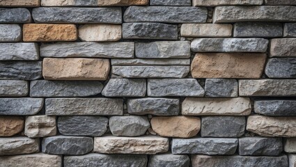 Fototapeta premium Textured stone wall with a mix of gray and beige stones arranged in a pattern suitable for architectural background or design use.