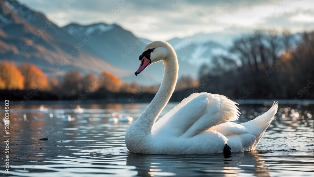 Aufkleber graceful white swan gliding on tranquil waters with autumn foliage and mountains in the background u