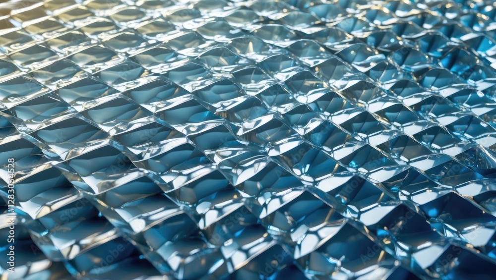 Poster abstract close-up of textured reflective surface with a grid pattern in blue tones and dynamic light