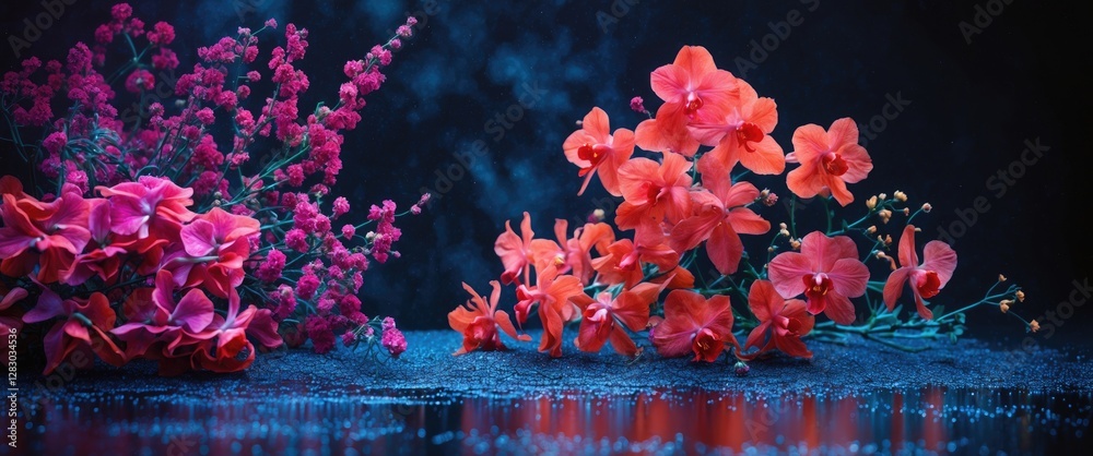 Poster vibrant orange and pink orchids on a textured dark background with water droplets creating an elegan
