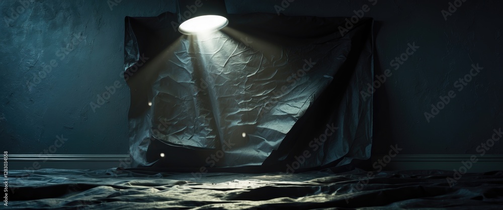Aufkleber Textured black paper backdrop illuminated by a spotlight creating dramatic shadows on a dark surface, ideal for artistic and design projects.