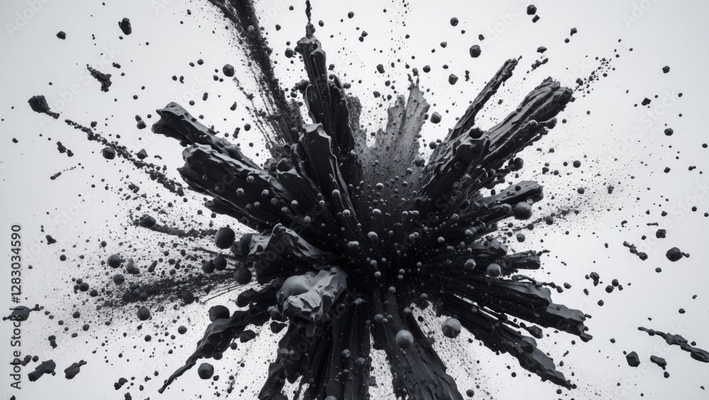 Leinwandbilder Black particles explosion on white background creating an abstract dust texture with dramatic visual impact and artistic flair.