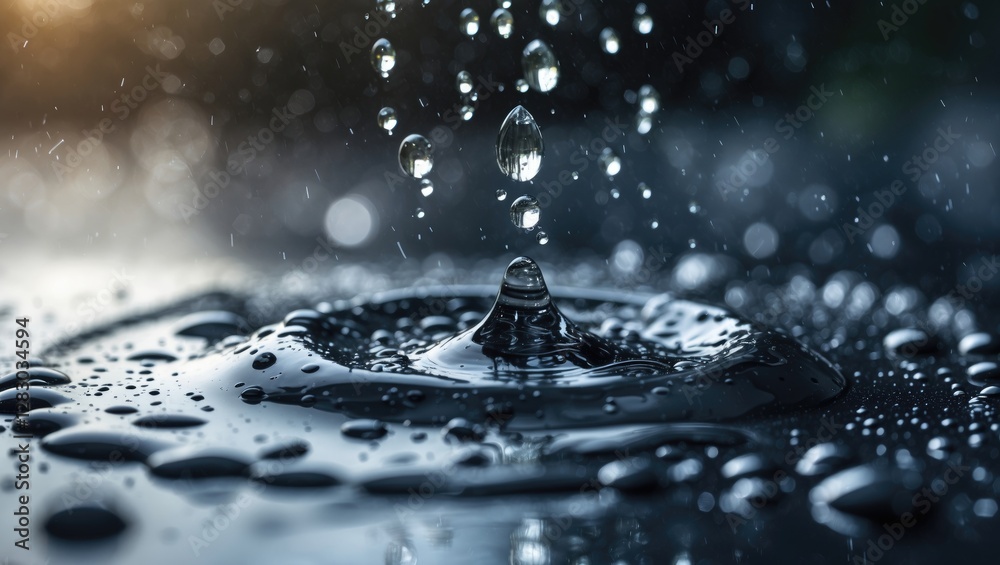 Poster high-resolution close-up of water droplets splashing on a dark reflective surface creating concentri