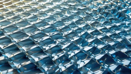 Abstract close-up of textured reflective surface with a grid pattern in blue tones and dynamic lighting effects