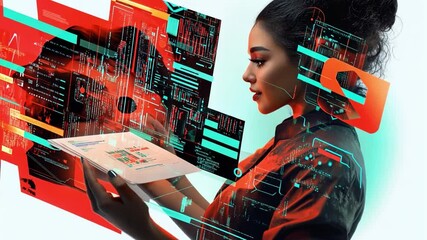 Data Insights: A woman immersed in data analysis, with augmented reality overlays depicting complex information and statistical charts, a futuristic scene of technological advancement. - Powered by Adobe