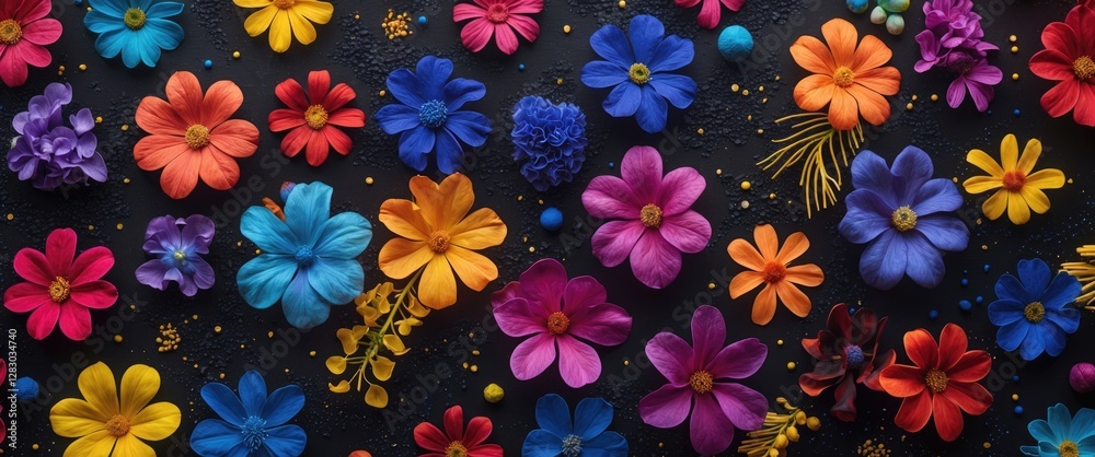 Poster vibrant floral arrangement on black background showcasing colorful petals and textures for artistic 