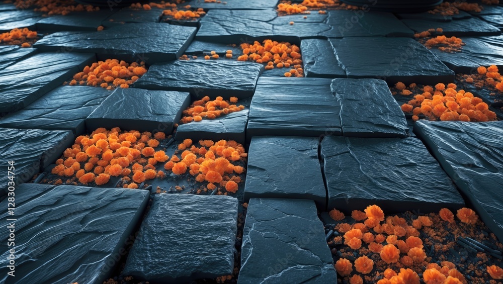 Poster black sandstone textured floor tiles with vibrant orange flower accents creating a unique and striki