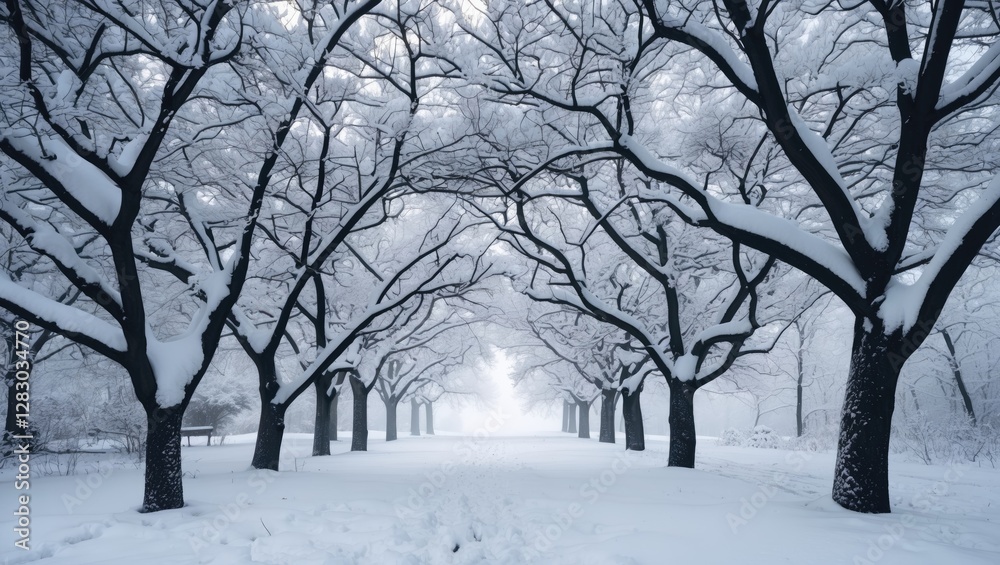 Poster snow-covered winter landscape with black tree branches creating a serene, tranquil pathway through t