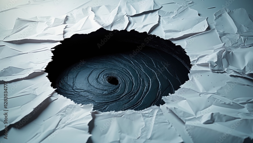 Poster Swirling black hole emerging from torn white paper creating a striking visual contrast of depth and texture.