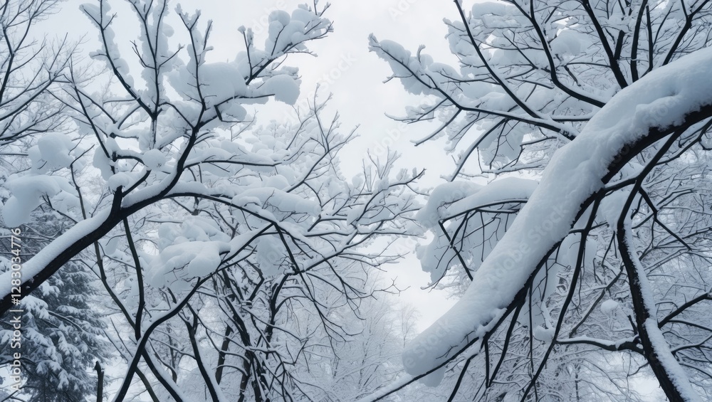 Aufkleber snow-covered tree branches against a winter sky creating a serene and tranquil atmosphere in a snowy