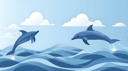 Colorful dolphins leaping over waves, playful marine life in a serene ocean setting, perfect for aquatic themes.