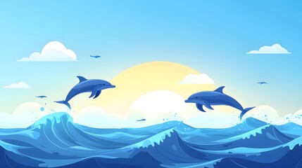 Two dolphins leaping over ocean waves, vibrant blue water, sunny sky, ideal for marine themes or children's illustrations.