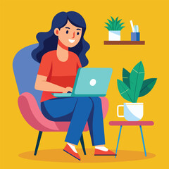 a girl is using his laptop vector	
