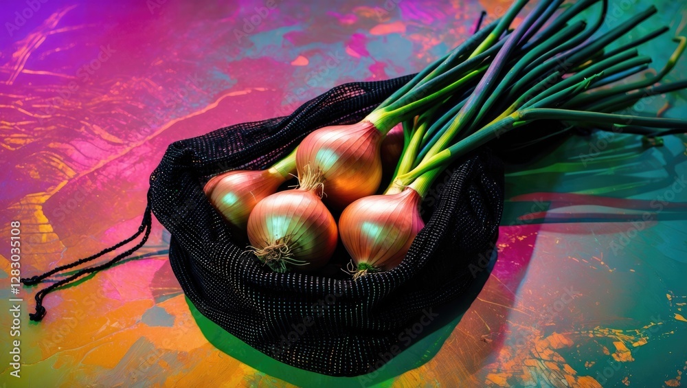 Poster colorful background with a black mesh bag containing fresh onions, showcasing vibrant produce in a c
