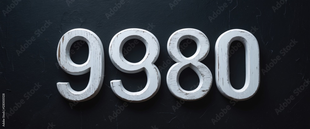 Poster white wooden number 9980 on a black background textured surface showcasing rustic elegance and moder