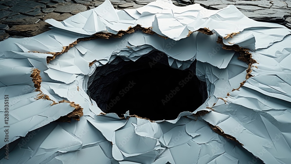 Poster Conceptual representation of a black hole emerging from crumpled white paper with textured edges on a dark surface