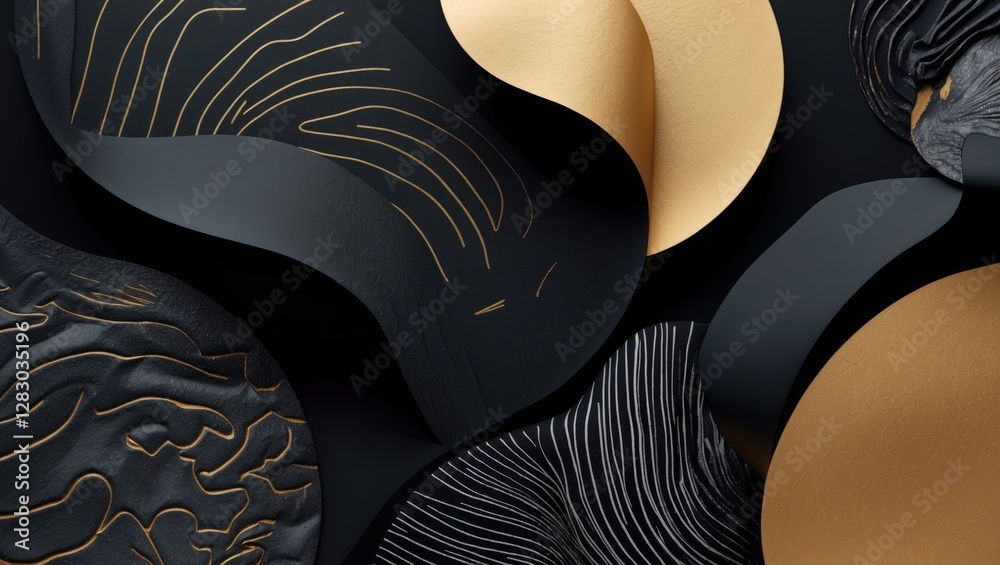 Poster Elegant black and gold abstract pattern featuring flowing textures and intricate lines suitable for modern design and creative projects.
