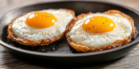 Two perfectly fried eggs in a pan, seasoned with pepper, on a rustic wooden table. Ideal for breakfast food blogs or recipe websites