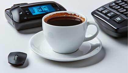 White Coffee Cup on Desk with Electronic Devices